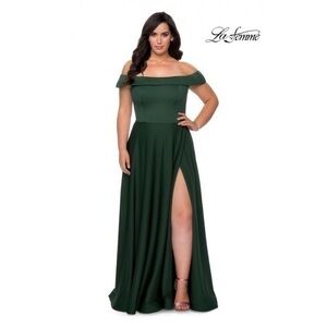 La Femme 29007 Emerald Green Off Shoulder High Slit A-Line Gown Plus 14W NWT